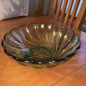 Vintage Hazel Atlas 9" Colonial Swirl Green Glass Scalloped Bowl